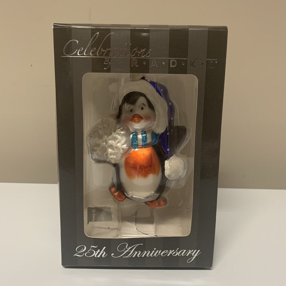 Celebrations By Radko Penguin Xmas Ornament 25th Anniversary Mercury Glass Look
